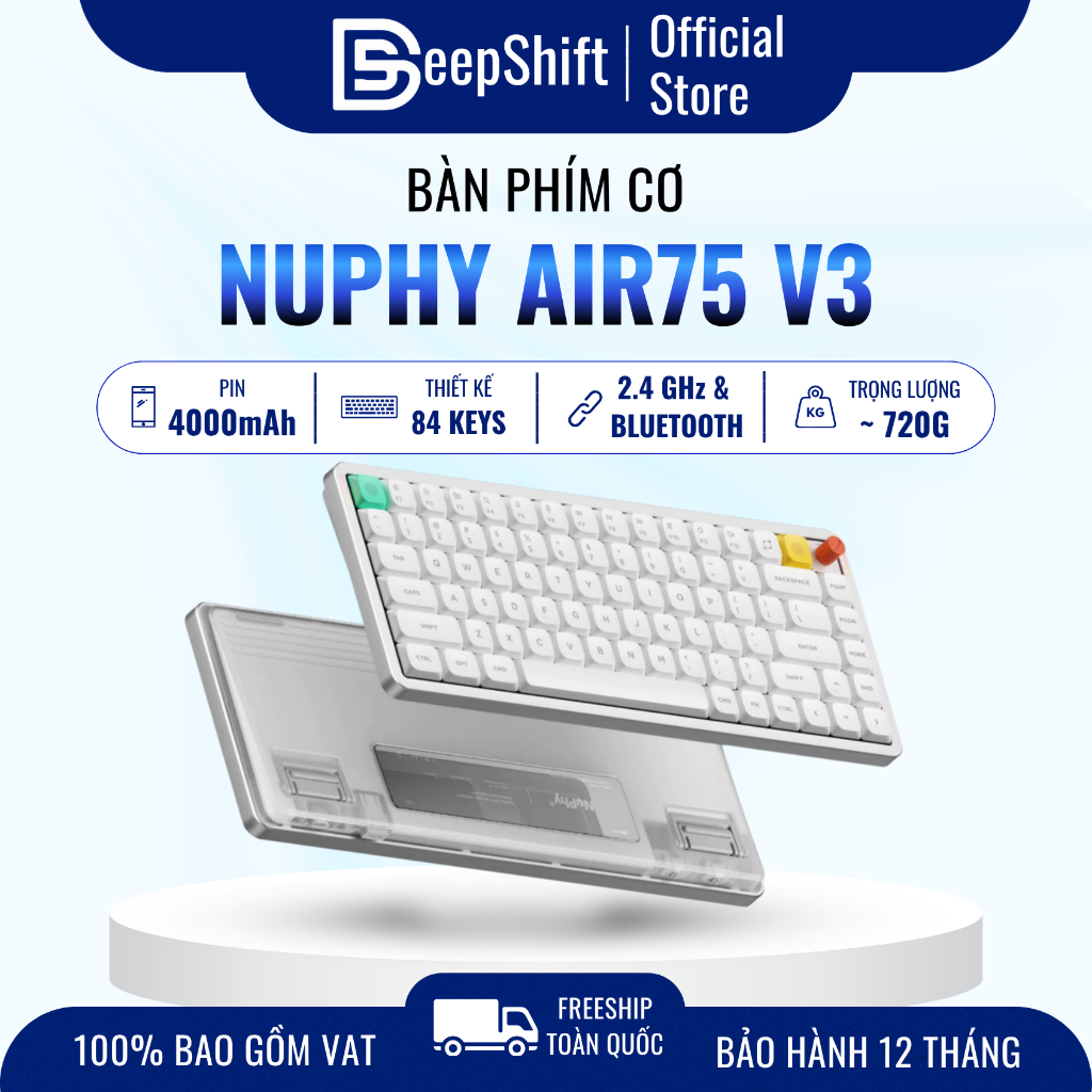 Bàn phím cơ NuPhy Air75 V3 |  Low-profile 75% 84 phím, Nano switch, Bluetooth/2.4GHz/USB-C | 4000mAh