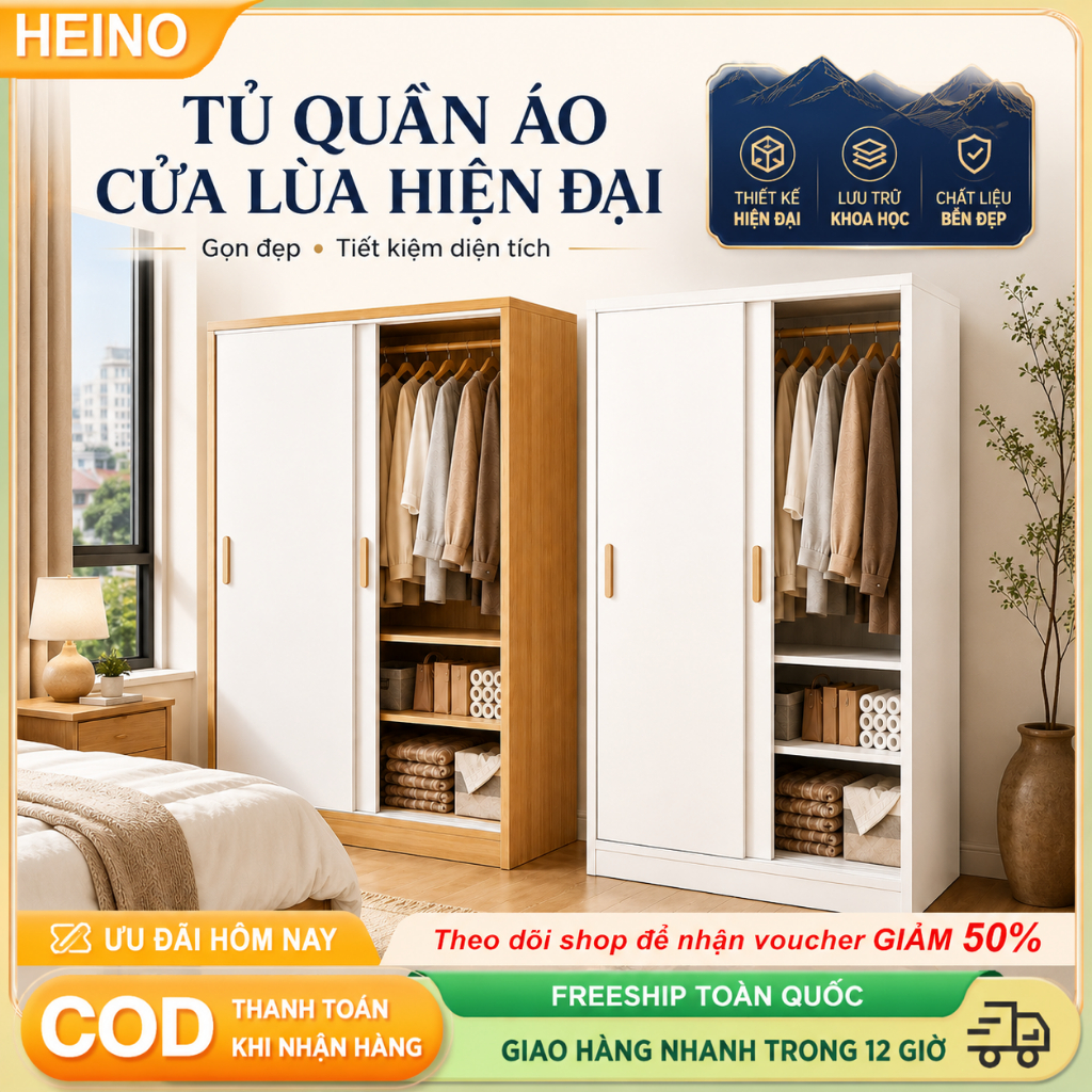 HEINO Tủ quần áo cánh lùa chất liệu MDF chống ẩm mốc sức chứa lớn Hạn Chế Trầy Xước