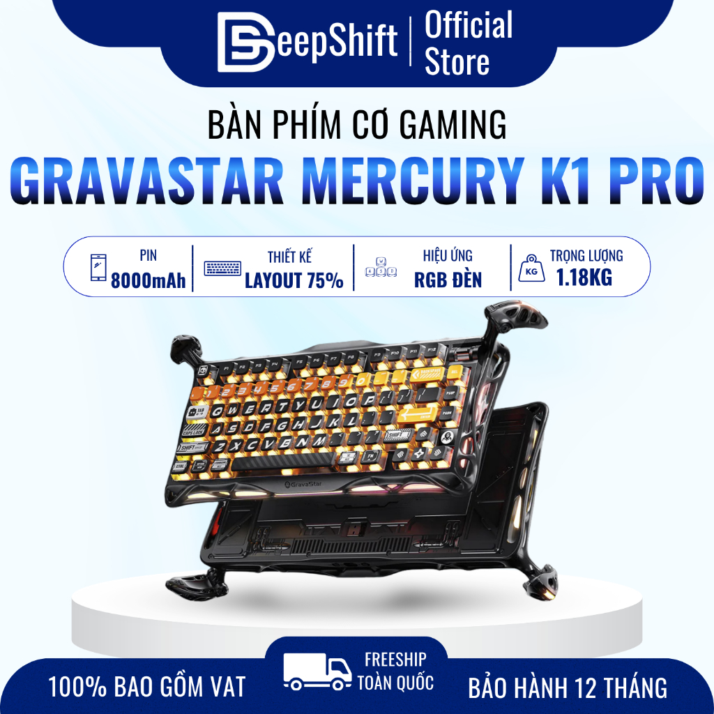Bàn phím cơ GravaStar Mercury K1 Pro CyberFlare RGB Wireless Hot Swap Mechanical Keyboard 75%