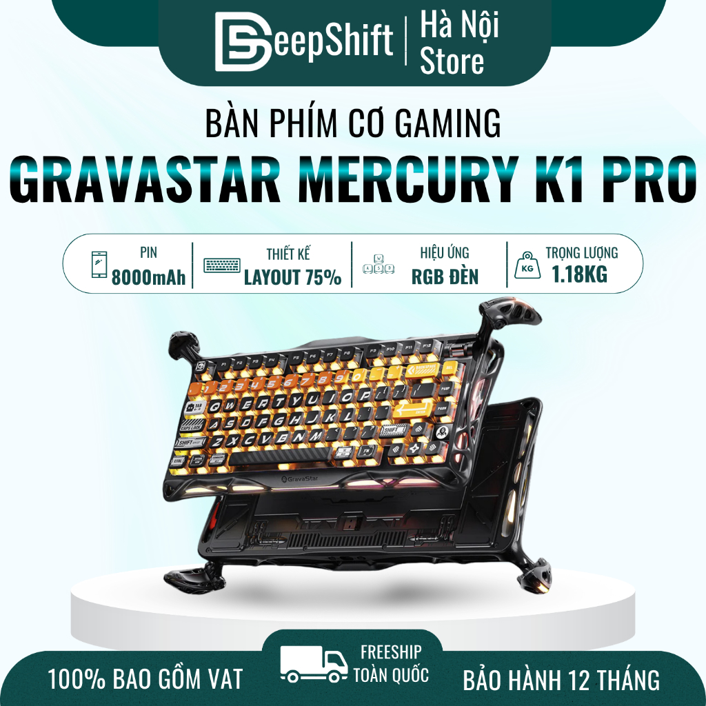 Bàn phím cơ GravaStar Mercury K1 Pro CyberFlare Wireless Gaming Keyboard RGB Hot Swap Bluetooth