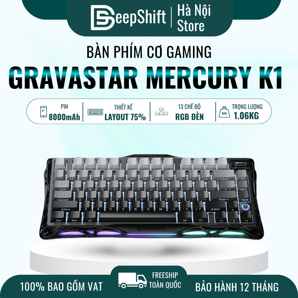 Bàn Phím Cơ Wireless GravaStar Mercury K1 Gradient Black RGB Hot Swap 75%
