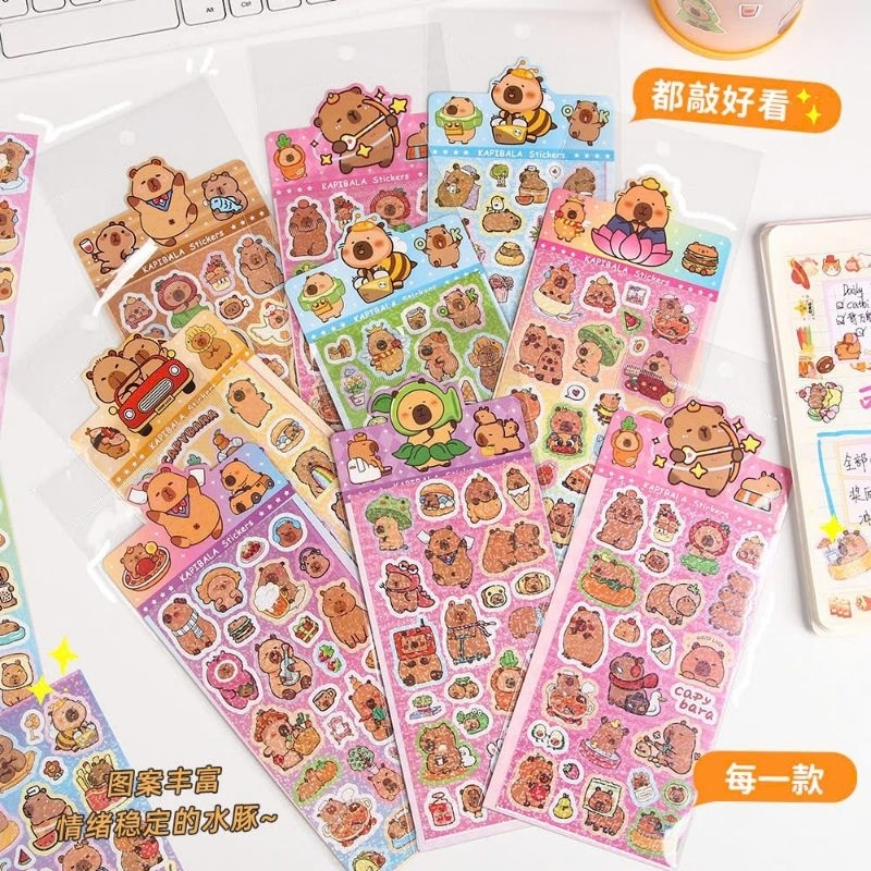 5 Tờ Sticker Nhũ Capybara, Labubu, Kuromi, Baby Three – Bộ Sticker Dán Trang Trí Kawaii Chống Nước