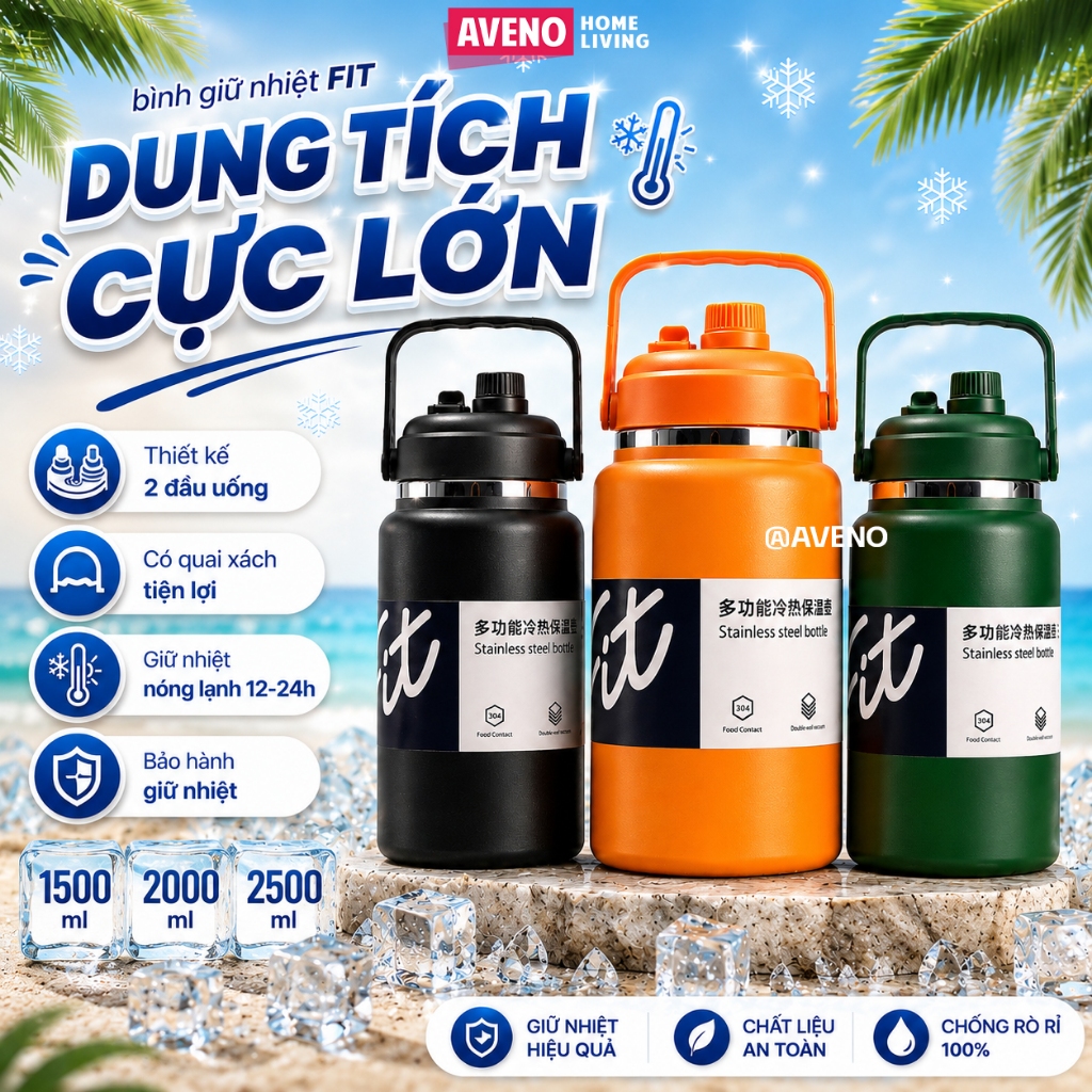 Bình Giữ Nhiệt FIT Dung Tích 1500ML,2000ML,2500ML Inox 304 Không Gỉ Miệng Bình Rộng Có Quai Xách Giữ