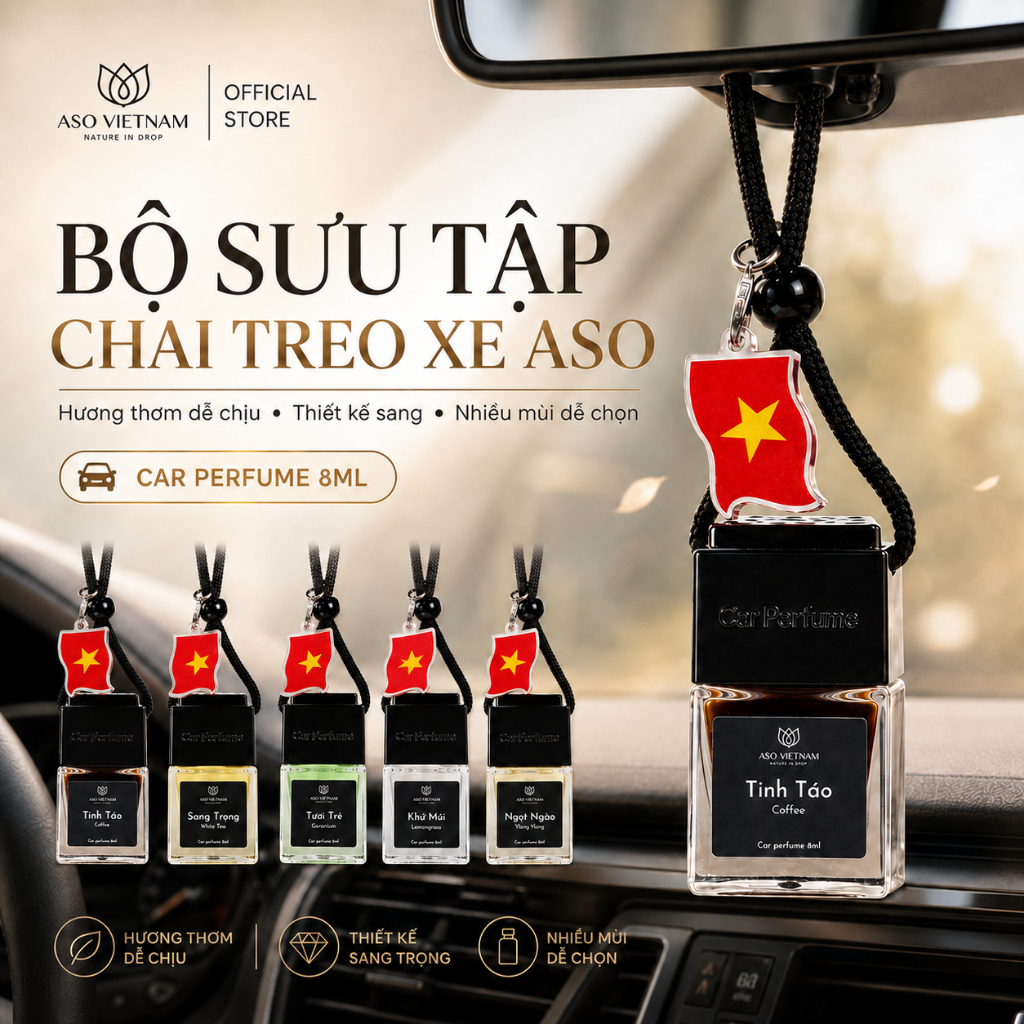 Tinh Dầu Treo Xe Ô Tô ASO Việt Nam 8ml - Nước Hoa Xe Hơi, Chai Vuông Sang Trọng