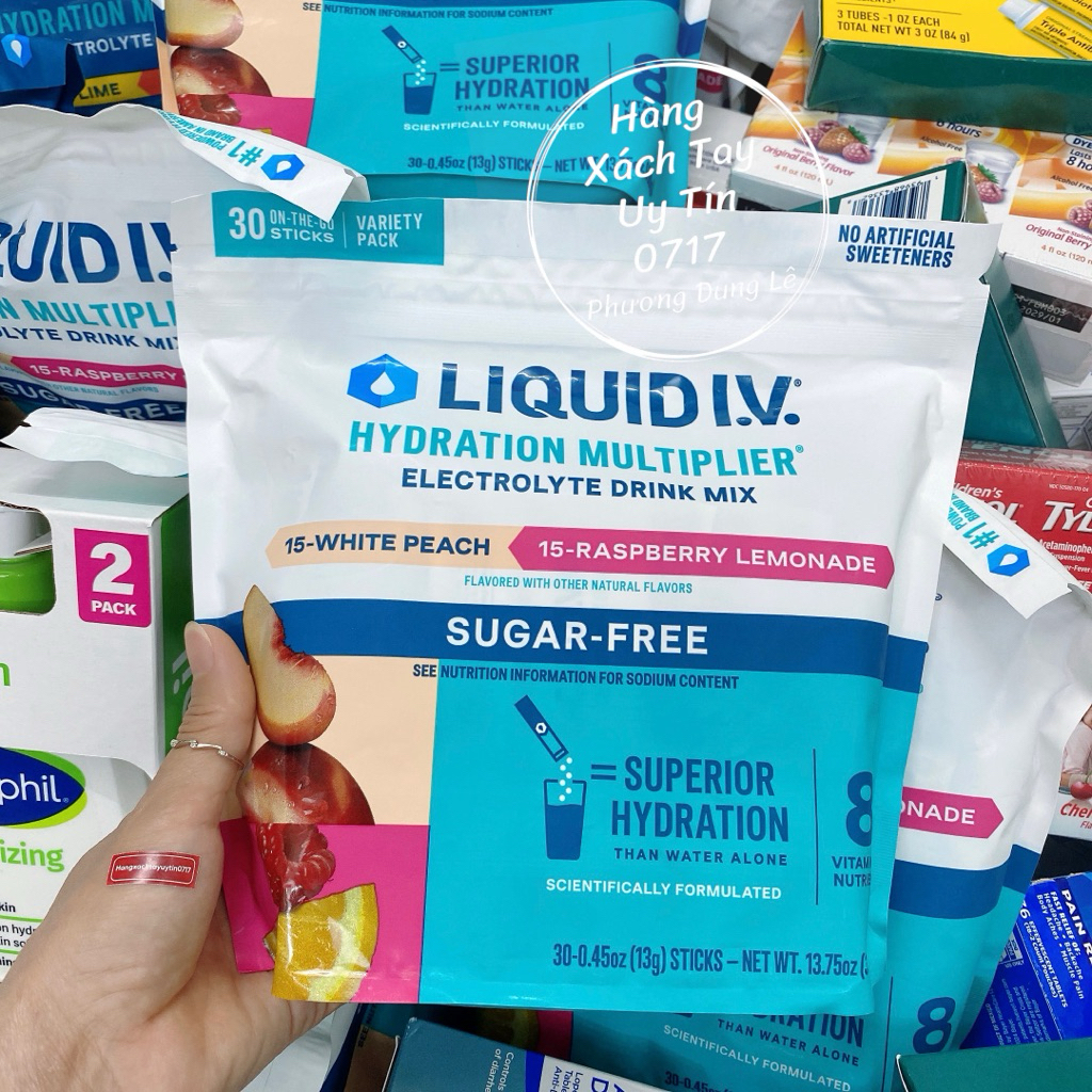 (1 Túi) 30 gói Peach Raspberry bột bù nước và điện giải Liquid IV không đường chuẩn Mỹ Hydration Mul