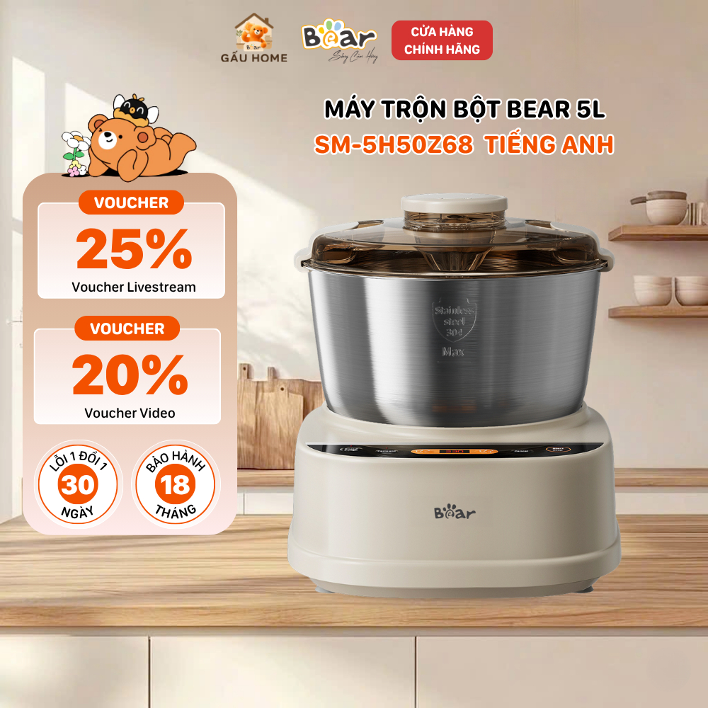 Máy Trộn Bột Bear 5L Inox 304 Công Suất Lớn Nhào Bột Ủ Bột Làm Bánh Đa Năng SM-5H50Z68