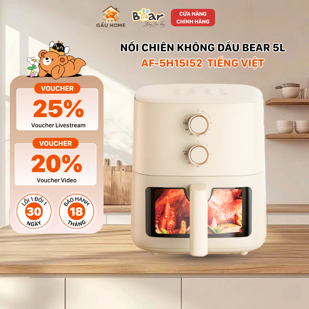 Nồi Chiên Không Dầu Bear 5L Đa Năng Nướng Bánh Giảm Dầu Mỡ Healthy Bảo Hành 18 Tháng AF-5H15I52