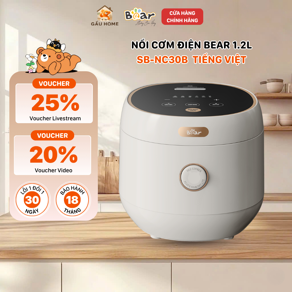 Nồi Cơm Điện Bear 1.2L Lòng Nồi 6 Lớp Nấu Cơm Cháo Hầm Hấp Hẹn Giờ Đa Năng SB-NC30B