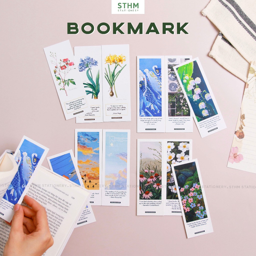 [STHM stationery] - Combo bookmark in tranh vẽ bằng màu gouache, có cán màng mờ chống nước - 5x14cm