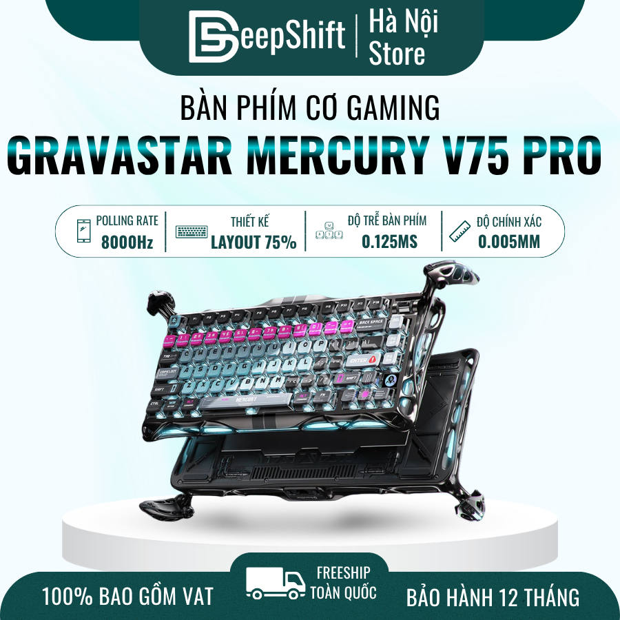 Bàn Phím Cơ GravaStar Mercury V75 Pro Cyberpunk Hall Effect RGB 8000Hz Gaming