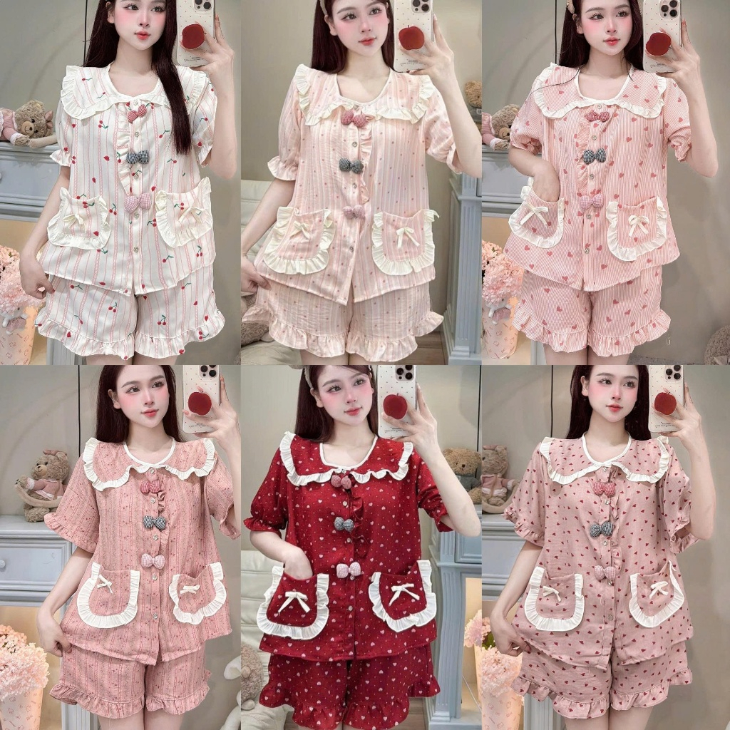 Bộ Đồ Ngủ Nữ Pijama Chất Liệu Đũi Vân Mây Cổ Sen Viền Bèo Đính Nơ Siêu Mềm Mịn WQA29