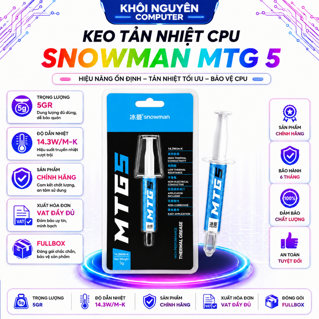 Keo Tản Nhiệt CPU Snowman MTG5 5G 14.3W/MK Không Dẫn Điện Chính Hãng Full VAT Cho PC Laptop