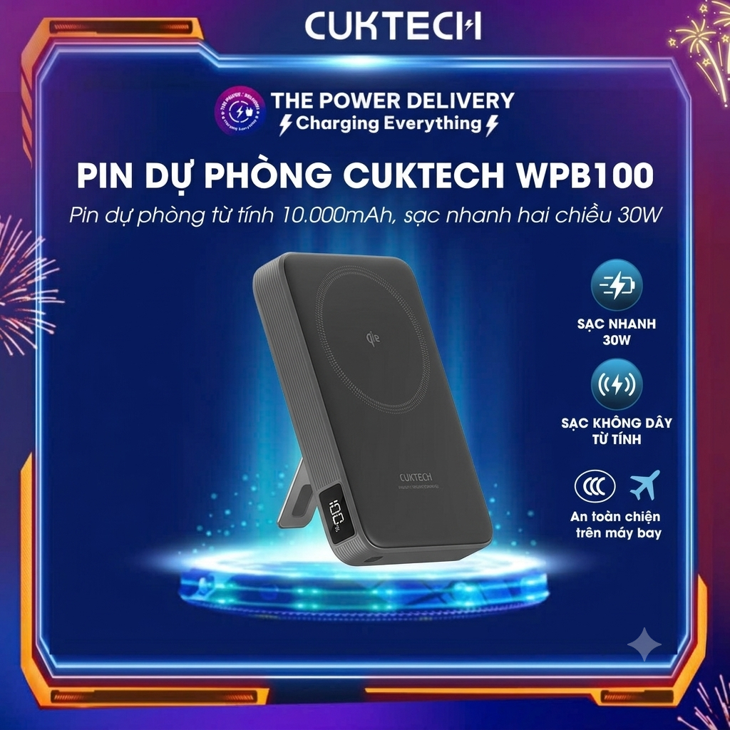 Pin Sạc Dự Phòng CUKTECH WPB100 10000mAh 30W | Sạc Không Dây Từ Tính MagSafe, USB-C PD Sạc Nhanh, Ch