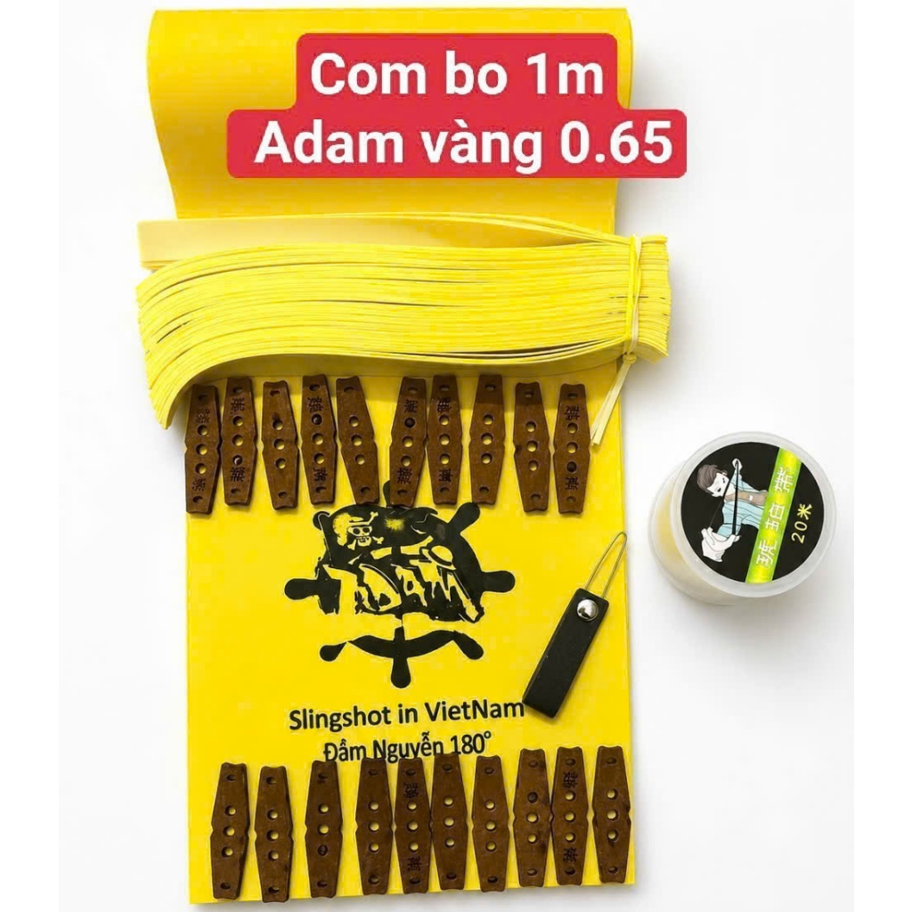 01 COM BO 1M DÂY THUN ADAM VÀNG TRẮNG 0.65 KÈM PHỤ KIỆN GỒM 20DA NÂU 1 CUỘN DÂY CỘT VÀ 1 LUỒN THUN