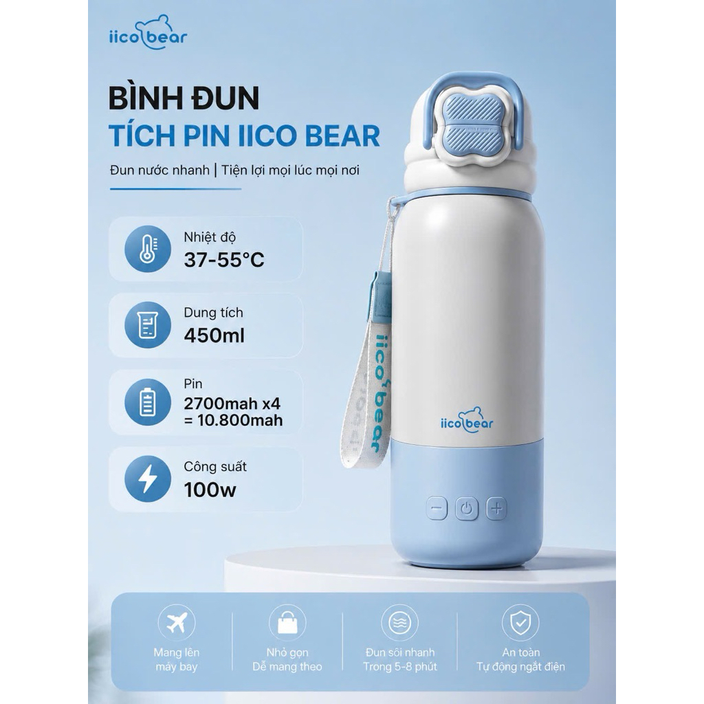 Bình đun tích pin di động cầm tay iico Bear có cả vòi hút nước dung tích 450ml