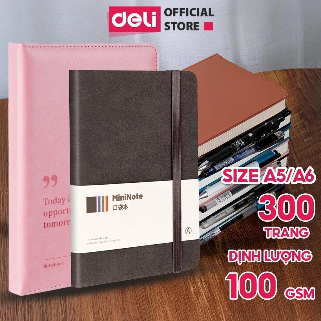 [VOUCHER 20%] Sổ Tay Bìa Da Deli A5/A6 – Sổ Da Kẻ Ngang 300 Trang, Giấy Dày Chống Nước Cao Cấp – Sổ 