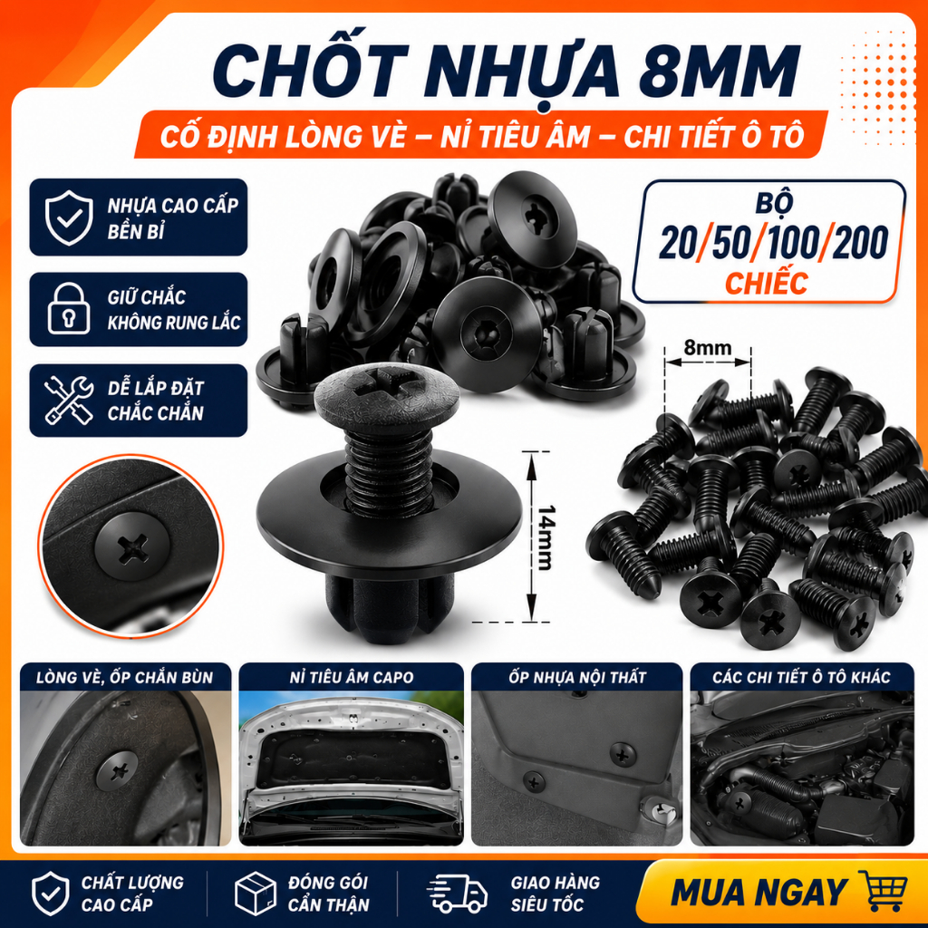 Chốt Nhựa, nở nhựa Ô Tô 8mm Có Ren – Chốt Nở Cản Xe, Chắn Bùn, Ốp Nội Thất Xe Hơi
