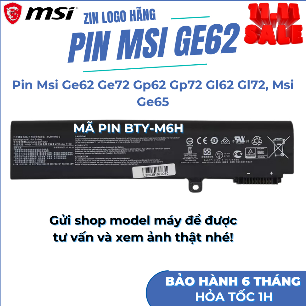 Pin Laptop MSI GE62, GE62VR, GE62VR 6RF, GE63V, GE63VR Mã M6H Pin MSI GE62, GE62VR BẢO HÀNH 6 THÁNG