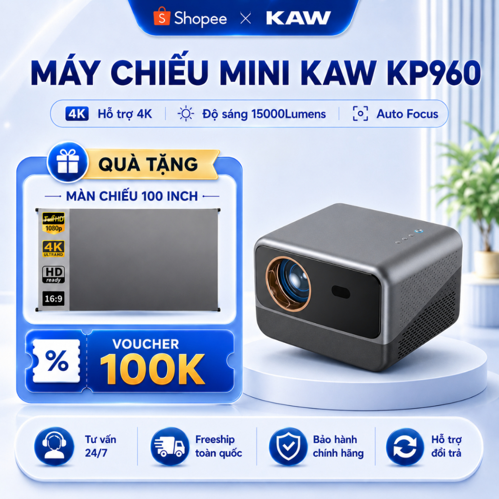 Máy Chiếu Mini KAW KP960 Hỗ Trợ 4K, Độ Sáng Cao, Hệ Điều Hành Androi 10 Bảo Hành 12 Tháng