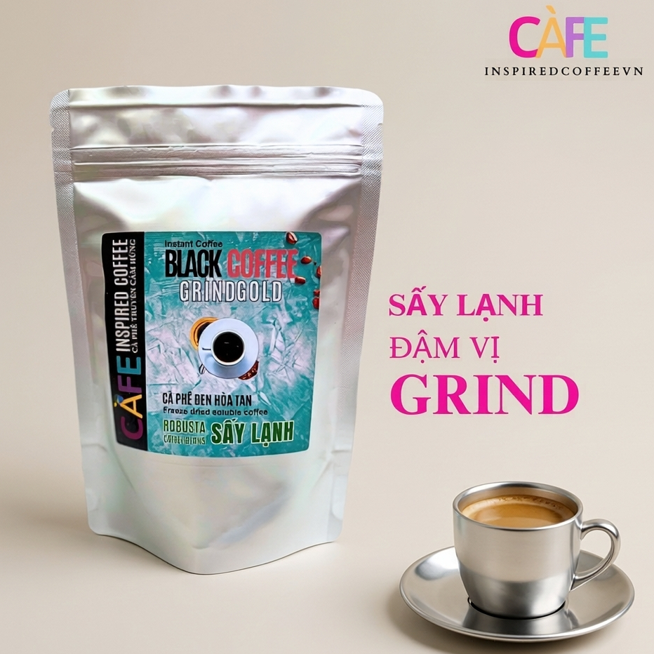 Cà phê đen sấy lạnh, cafe hòa tan nguyên chất 100% Robusta đậm vị Grin, cafe đen không đường hòa tan