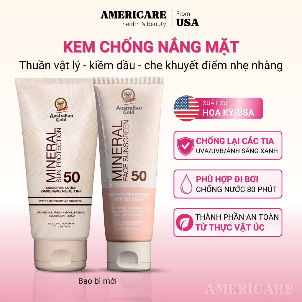 Kem chống nắng vật lý Australian Gold Botanical từ thực vật Úc, chống nắng nâng tone, kiềm dầu da nhạy cảm SPF 50, từ Mỹ