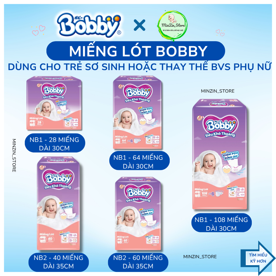 MIẾNG LÓT BOBBY NEWBORN dành cho trẻ sơ sinh đủ size NB1/NB2 loại 28/64/108/40/60 miếng