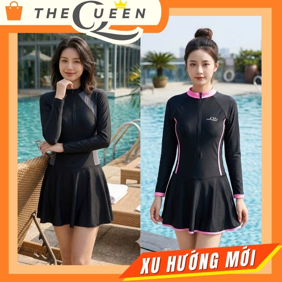 Đồ bơi liền thân nữ bikini váy bơi 1 mảnh và rời mảnh áo có khóa kéo trước kín đáo phối màu thời trang The Queen 052