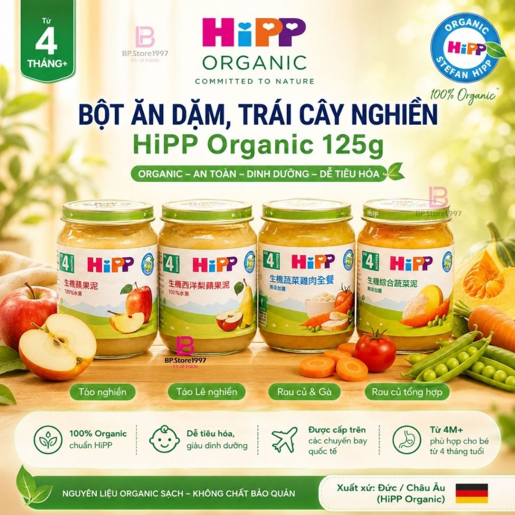 Bột Ăn Dặm HiPP Organic 125g, Xuất Xứ Châu Âu | Trái Cây Nghiền HiPP Organic, Dùng Trên Máy Bay