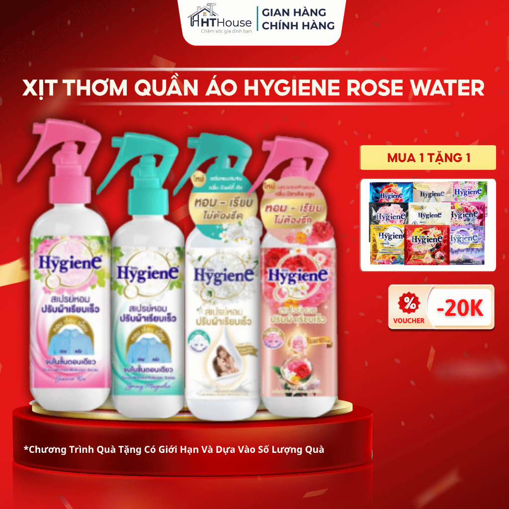 Xịt vải Hygiene, Xịt Thơm Quần Áo Hygiene Làm Phẳng Quần Áo, Xịt thơm Hygiene Rose Water Thái Lan Lư