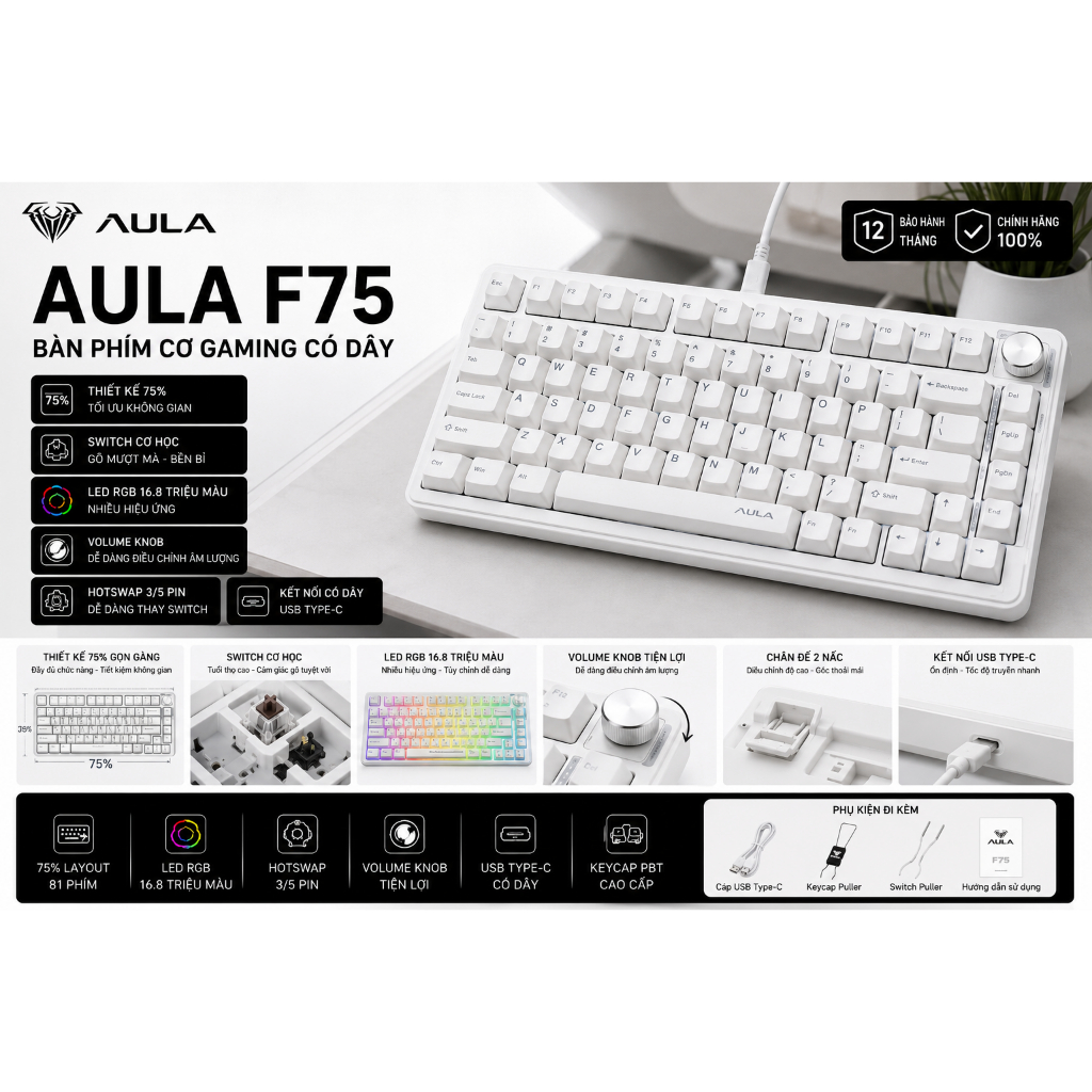 AULA F75 BÀN PHÍM CƠ GAMING (Phiên bản Có dây/ Màu trắng/ Red switch)