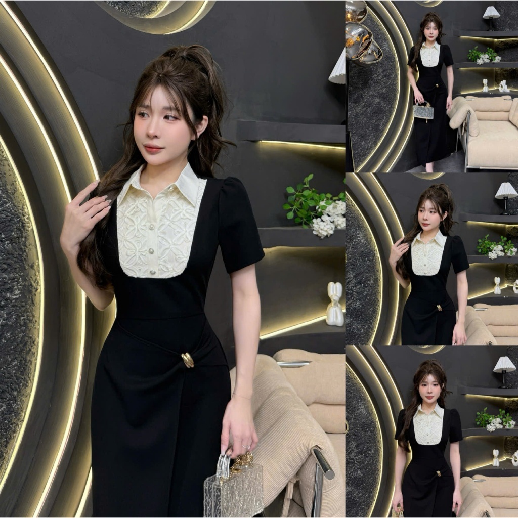 2HS26 - Váy Thiết Kế Eviici dành cho nữ, thiết kế cổ đức phối ren hoa trước ngực, dáng bút chì xuông