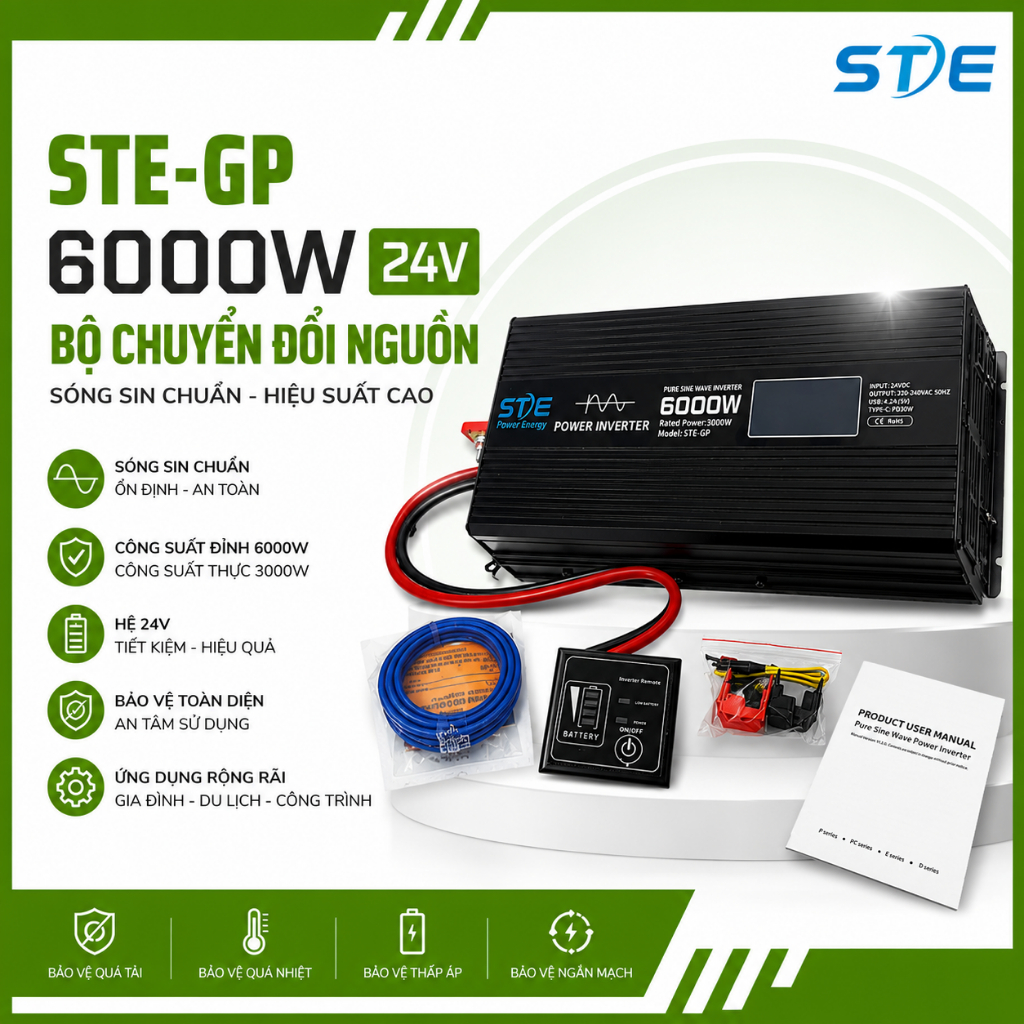 Bộ Chuyển Đổi Nguồn Sóng Sin Chuẩn STE-GP 6000W 24V – Công Suất Thực 3000W-Phân Phối STE Power Energ