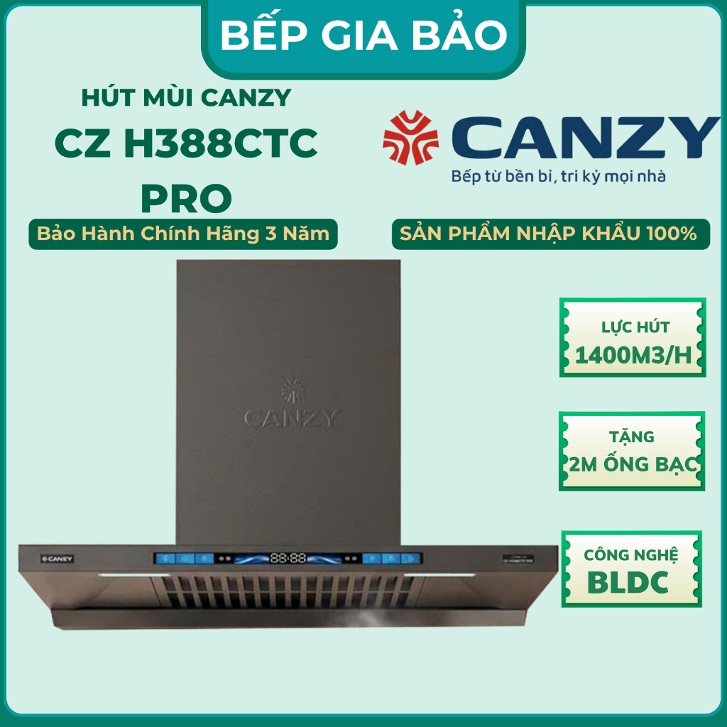 Máy hút mùi Canzy CZ-H388CTC.PRO Model 2026, Tự động làm sạch, CZ H388CTC PRO Lực hút 1400 m3/h.