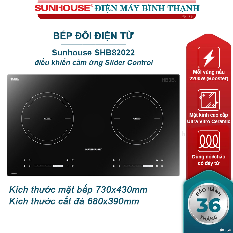Bếp đôi điện từ INVERTER Sunhouse SHB82012 và SHB82022 có Booster nấu nhanh - Bảo hành tận nơi 3 năm