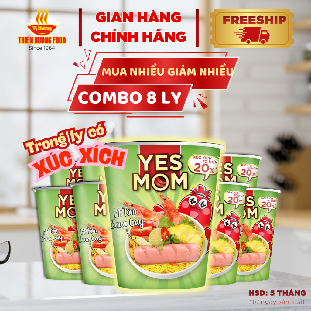 [ƯU ĐÃI] 8 LY MÌ CÓ XÚC XÍCH - Mì ly Yes Mom Tôm Chua Cay 79.2gram/ly