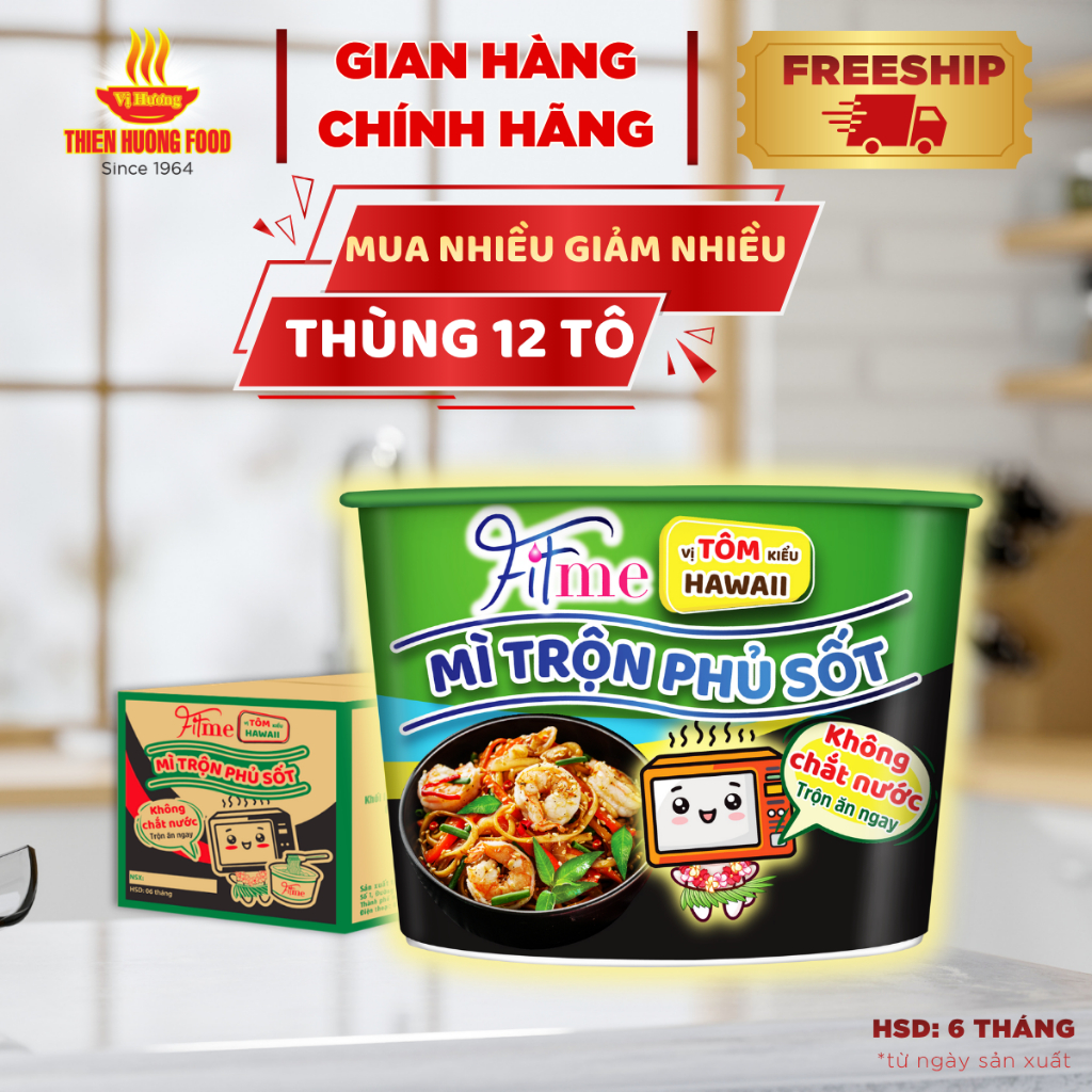 KHÔNG CHẮT NƯỚC - Thùng 12 tô Mì Trộn Phủ Sốt Fitme Vị Tôm Kiểu Hawaii Thùng 12 tô 110gram/tô [TMNBK
