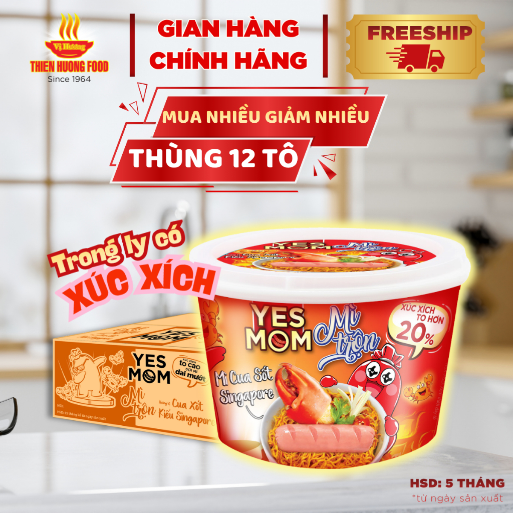 CÓ XÚC XÍCH TRONG TÔ - Thùng 12 tô Mì Trộn Có Xúc Xích Cua Xốt Singapore Yes Mom 113.2gram/tô [TMNBK