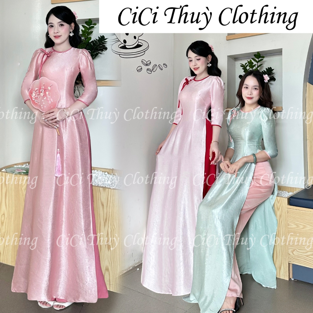 Áo Dài Lụa Gấm TiTan Cổ Tròn Tay Bồng Ánh Gương Cách Điệu Phối Cổ Đính Nơ - CiCi Thuỳ Clothing