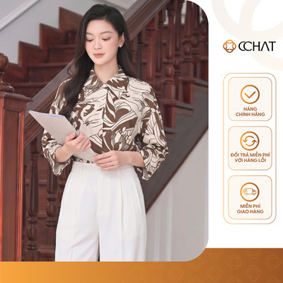 Áo Sơ Mi Nữ 𝐂𝐂𝐇𝐀𝐓 Dáng Suông Họa Tiết Hoa Cách Điệu Chất Liệu Thô Bamboo Cao Cấp 16FNT9152ST