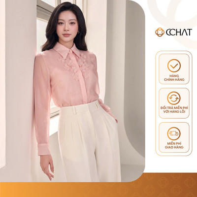 Áo Sơ Mi Nữ 𝐂𝐂𝐇𝐀𝐓 Dáng Suông Kiểu Lazer Caterina Đính Hoa Trang Trí Chất Liệu Voan Mềm Mại 16FDV9117ST