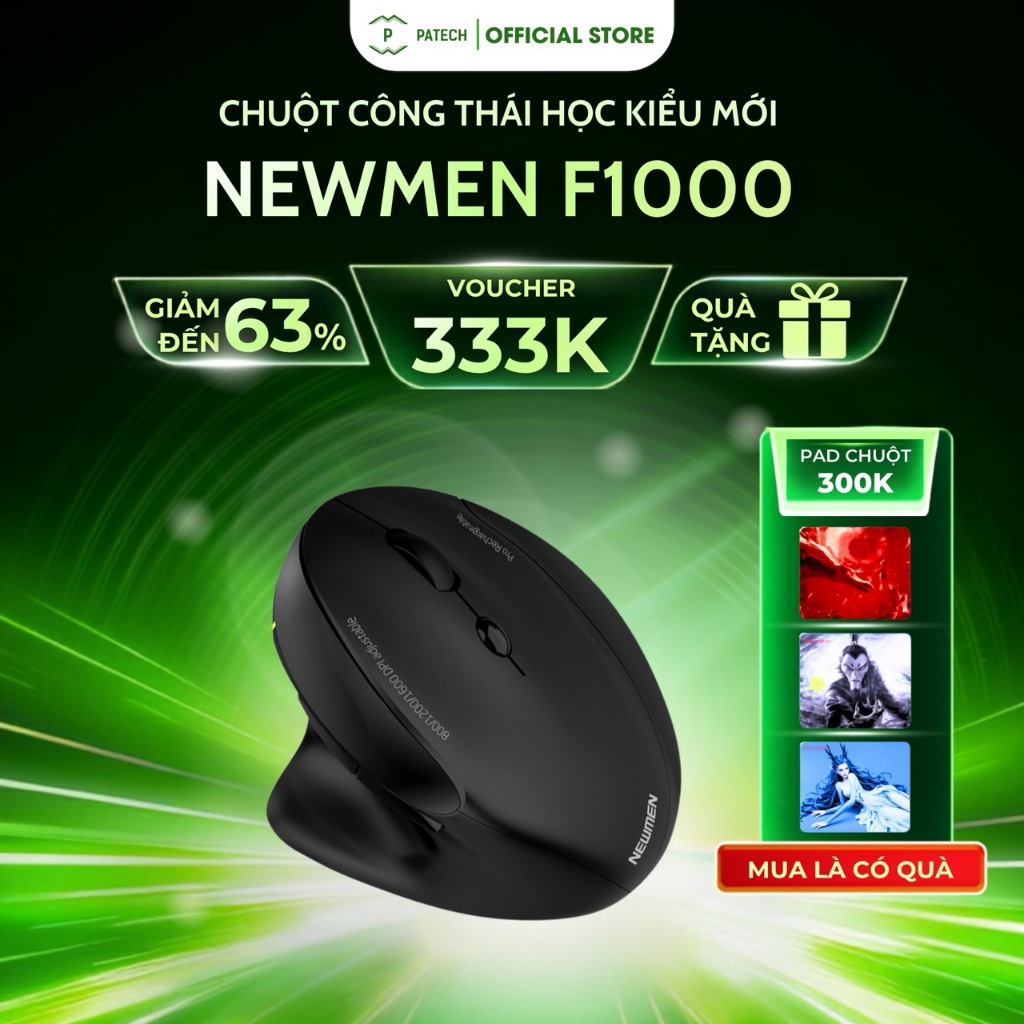 Chuột công thái học kiểu mới NEWMEN F1000 Dualmode TypeC Blueooth, 2.4Ghz, pin sạc, phụ kiện USB - C