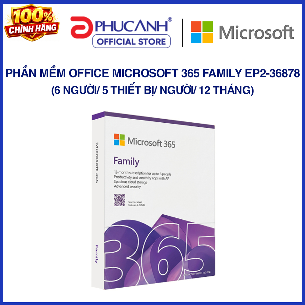 Phần mềm Office Microsoft 365 Family EP2-36878 (6 người/ 5 thiết bị/ người/ 12 tháng)