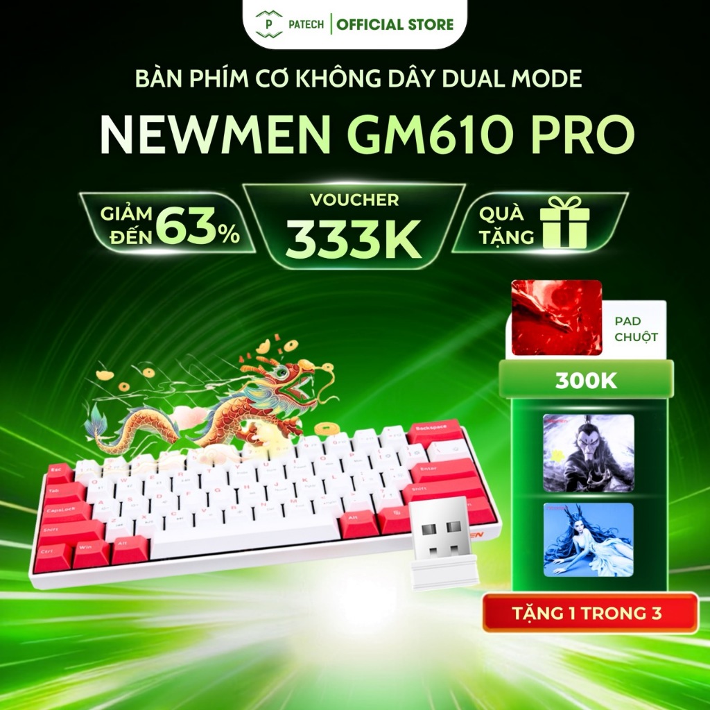 Bàn phím cơ không dây Dual Mode Newmen GM610 Pro - rồng & hổ( 61 phím ), bh 24 tháng,tương thích PC/