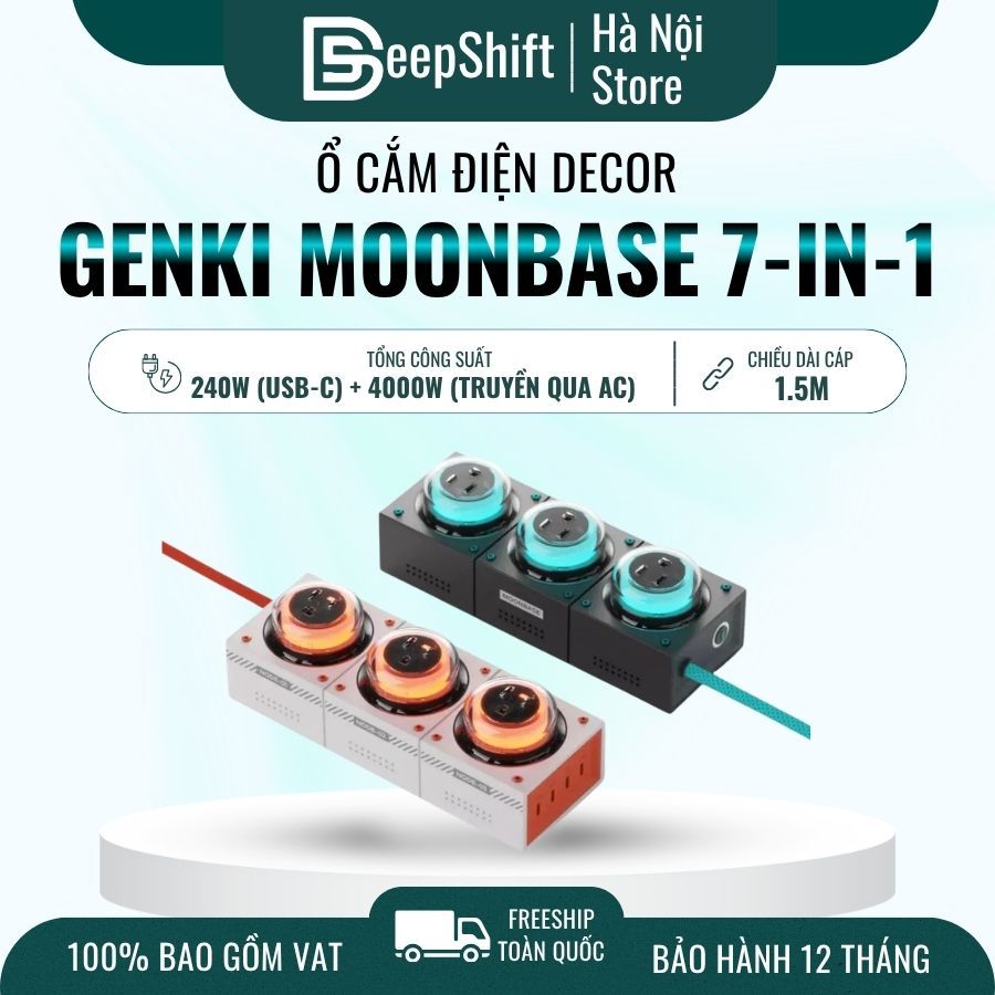 Trạm Sạc Genki Moonbase GaN 240W – Hub 7in1 x 4 USB-C x 3 Ổ Điện AC | 3 Cổng Cắm An Toàn