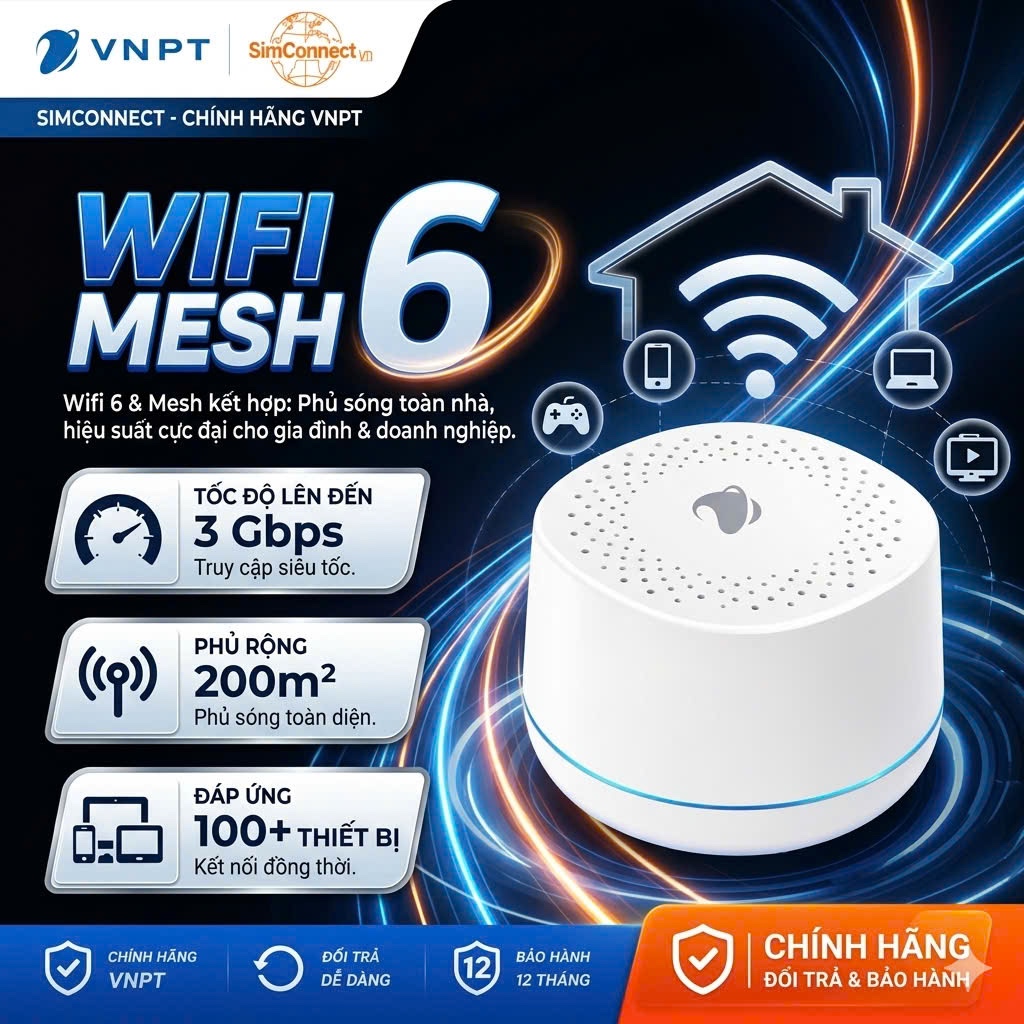 Cục Wifi Mesh 6 VNPT| Hỗ trợ phát internet tốc độ cao 3,000MB chuẩn AC 2 băng tần