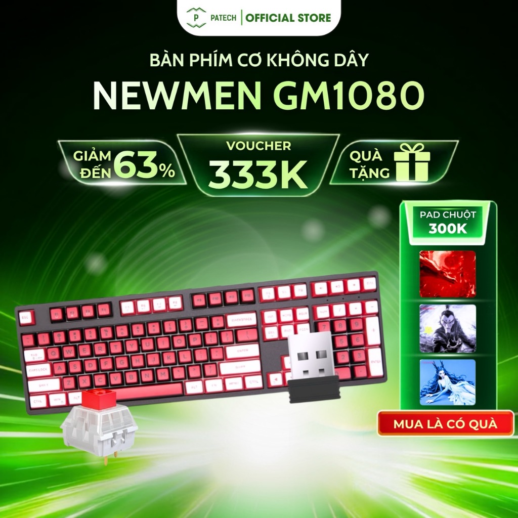 Bàn phím cơ không dây Newmen GM1080,layout 108 phím, kết nối tới 5 thiết bị,Switch Kailhbox/G-Pro,Ho