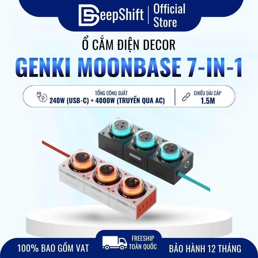 Ổ Cắm Điện Decor Genki Moonbase 7-in-1 - LED RGB - Sạc Nhanh Laptop 240W, Công Nghệ GaN