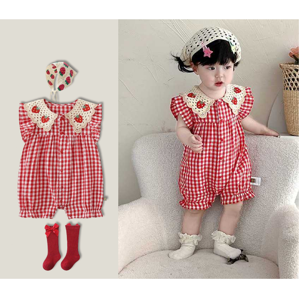 3Pcs Set Newborn Baby Jumpsuit Cute Strawberry Plaid Girl Clothes Cotton Tights Baby Clothes for 0-2