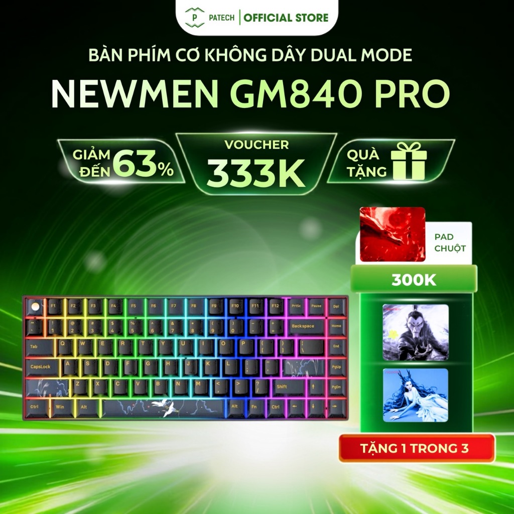 BÀN PHÍM CƠ KHÔNG DÂY NEWMEN GM840 PRO -  GATERON PRO YELLOW AXIS - (USB) - HẠC VŨ ÁNH TRĂNG - HÀNG 