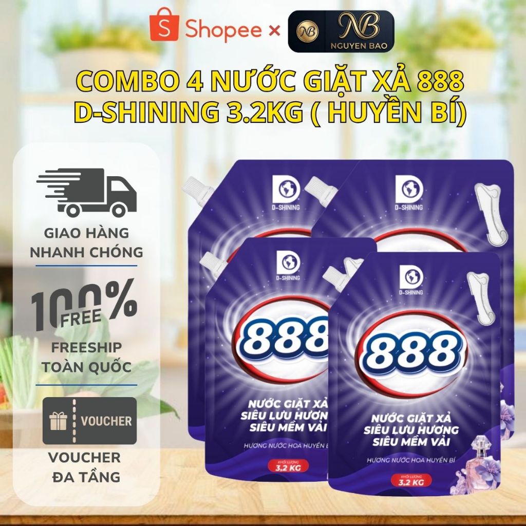 [COMBO 4] Nước Giặt Xả 888 D-Shining 3.2kg Hương Huyền Bí - Giặt Xả 2in1, Mềm Vải, Sạch Sâu, An Toàn